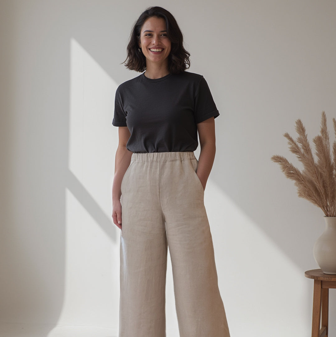 Pantalon à jambe large taille élastique en lin beige fait au Québec