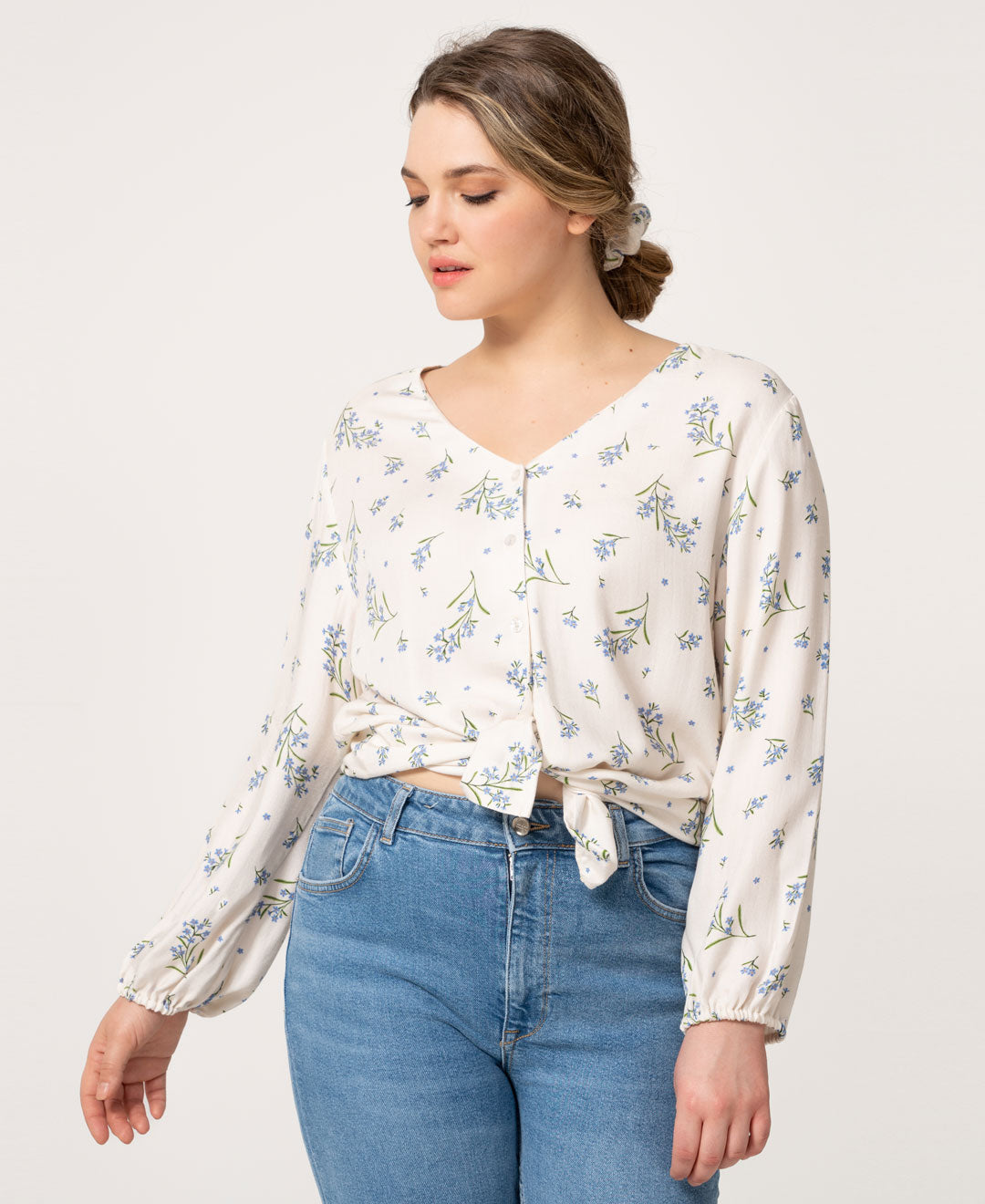 Chemise à fleurs myosotis en coton biologique faite au Québec