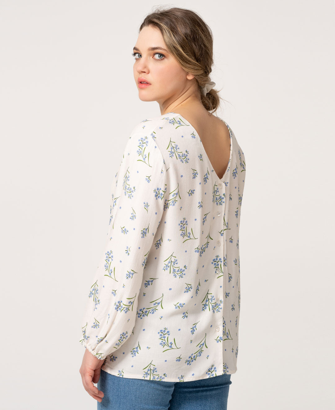 Blouse fleurie myosotis en coton biologique faite au Québec