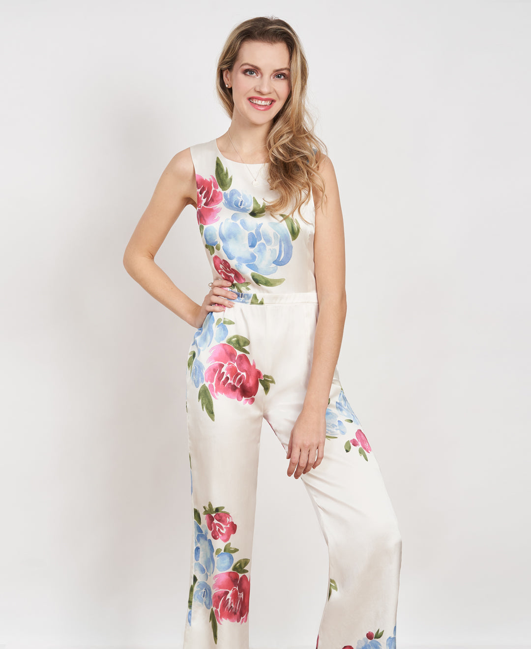 Jumpsuit motif floral en soie biologique fait au Québec