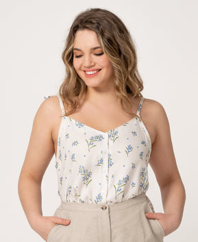 Camisole blouse fleurs myosotis bleu en coton biologique faite au Québec
